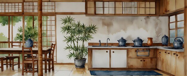 Photo chambre à coucher zen japonaise avec dessin à la main d'aquarelle de tatami mats et de fleurs de cerisier pour un environnement harmonieux