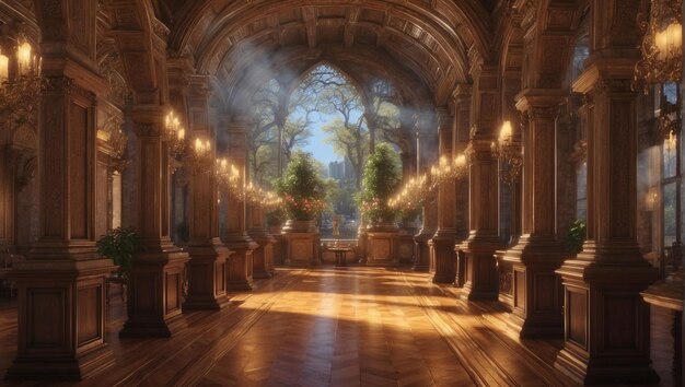 chambre dans un palais luxueux avec des colonnes en bois, des bougies en parquet, des lampes et une vue extérieure par une grande fenêtre