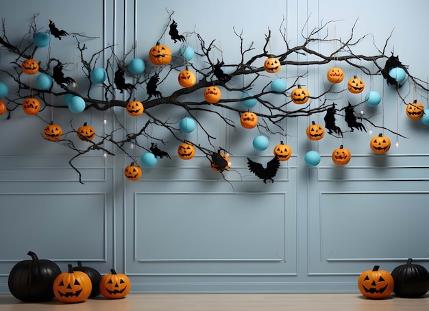 chambre avec des décorations d'halloween et un canapé