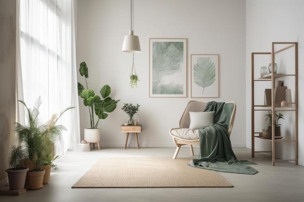 Une chambre décorée dans un style scandinave avec des plantes et un cadre