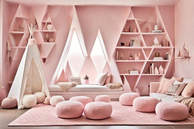 Photo chambre décorée avec des murs et des meubles roses créés à l'aide d'outils d'ia génératifs