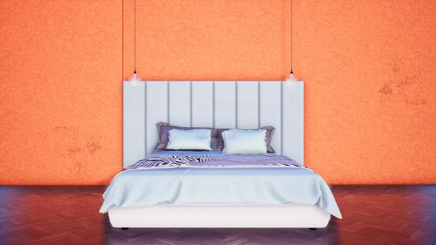 chambre décorée par un mur de béton orange.