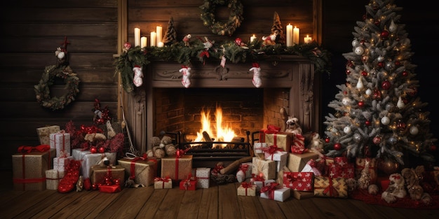 Chambre décorée le soir de Noël avec des lumières de Noël brillantes cheminée et arbre élégamment