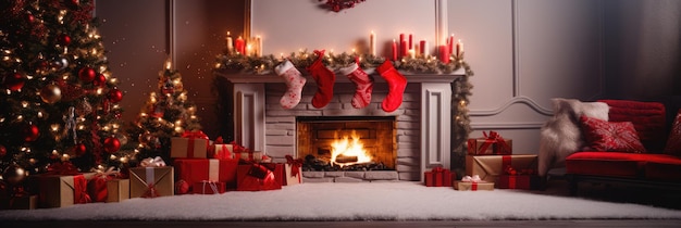 Chambre décorée le soir de Noël avec des lumières de Noël brillantes cheminée et arbre élégamment