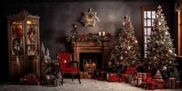 Chambre décorée le soir de Noël avec des lumières de Noël brillantes cheminée et arbre élégamment