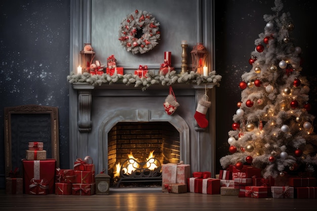 Chambre décorée le soir de Noël avec des lumières de Noël brillantes cheminée et arbre élégamment