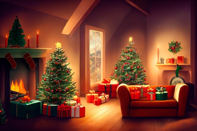 Chambre décorée de vacances de Noël vintage confortable arbre de Noël cheminée bougies jouets tapis de fourrure