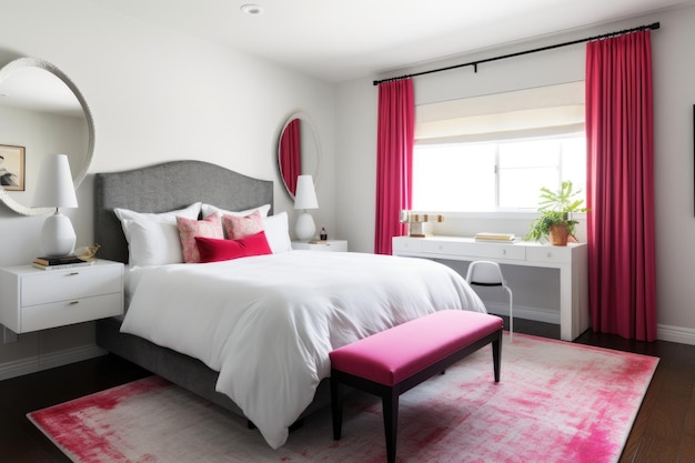 Chambre désencombrée avec des draps blancs impeccables et des accents rose vif créés avec une IA générative