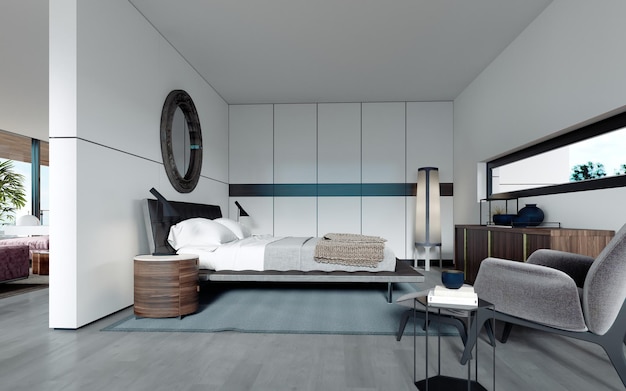 Chambre design moderne dans une armoire de style scandinave miroir rond fenêtre panoramique
