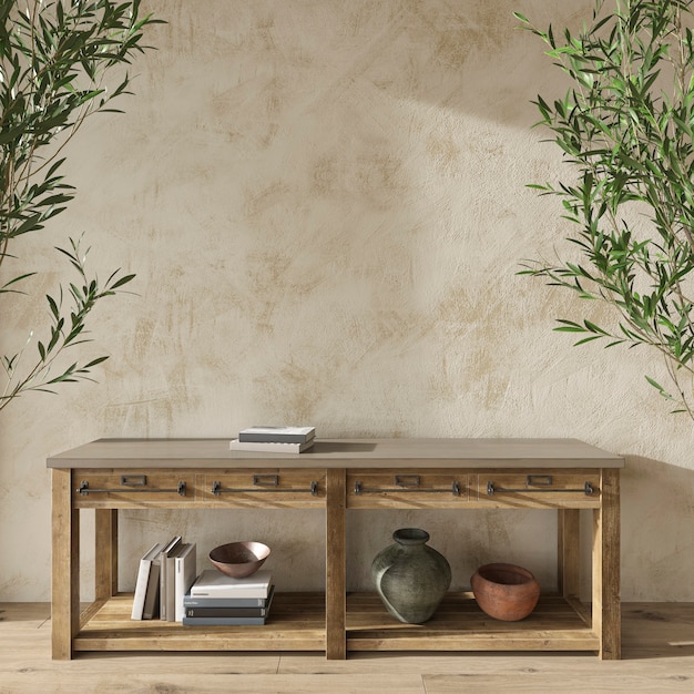 Chambre de design scandinave avec des oliviers dans un intérieur de maison confortable, rendu 3d de style ferme