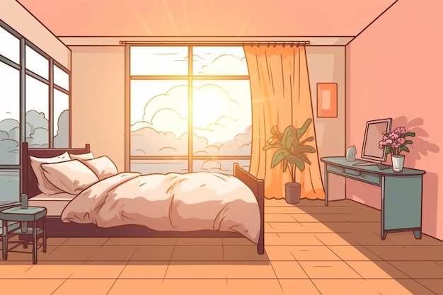 Chambre de dessin animé avec un lit génératif ai