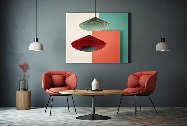 une chambre avec deux cintres colorés sur une table en bois et une chaise grise