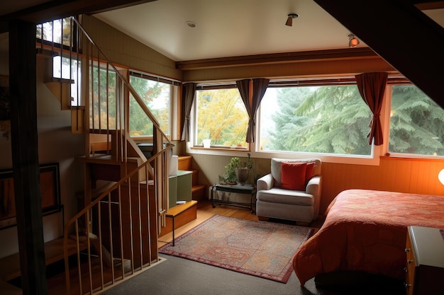 Chambre sur deux niveaux avec coin salon confortable à l'étage et vue sur le monde extérieur depuis les fenêtres