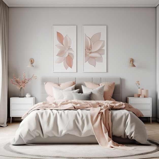 Une chambre avec deux tableaux au mur et un lit avec une couverture rose dessus.