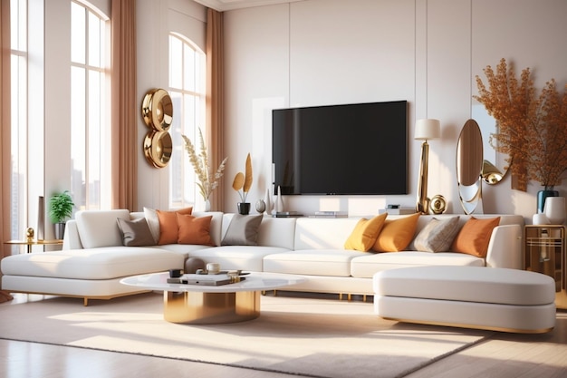 Une chambre double moderne réaliste avec des meubles et un cadre