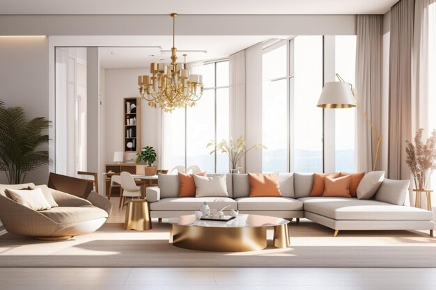 Une chambre double moderne réaliste avec des meubles et un cadre