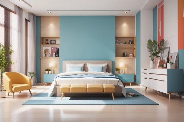 Photo une chambre double moderne réaliste avec des meubles et un cadre