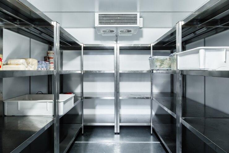 Photo chambre du réfrigérateur avec étagères en acier dans un restaurant close up
