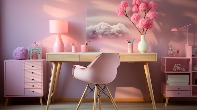 Chambre d'écolière vibrante avec bureau en bois et chaise rose