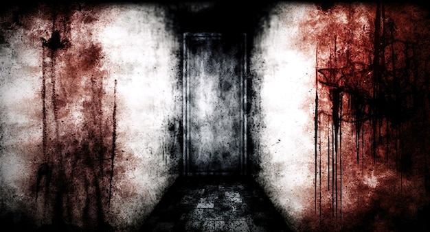 Une chambre effrayante avec un cœur rouge sur le mur et un fond noir et blanc.