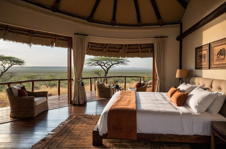 Chambre élégante dans un lodge de safari de luxe avec une litière en peluche, un décor naturel et une terrasse privée