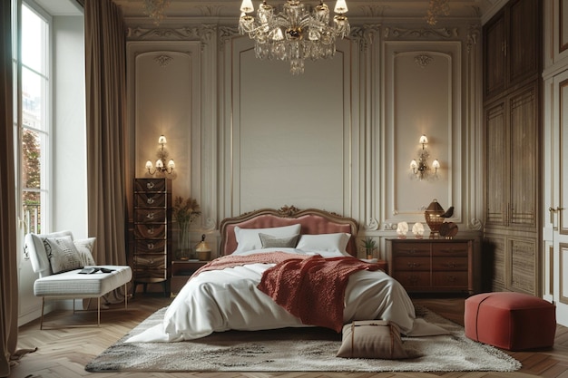 Une chambre élégante d'inspiration parisienne avec une façade luxueuse.