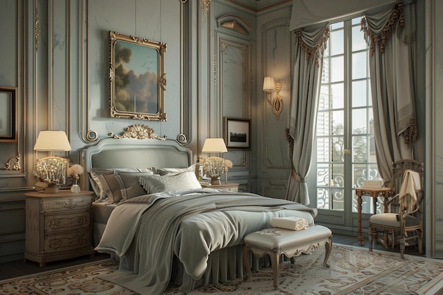 Une chambre élégante d'inspiration parisienne avec une façade luxueuse.