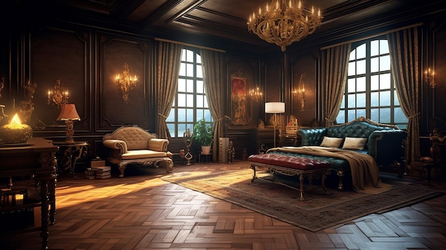 Chambre élégante inspirée de la Renaissance du XIXe siècle avec un mobilier contemporain haut de gamme Generative AI