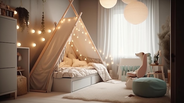 Chambre d'enfant aux couleurs claires Chambre d'enfant confortable à l'intérieur du plan nordique scandinave avec des couronnes légères et des coussinets délicats Ressource créative générée par l'IA