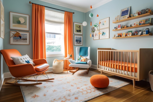 Une chambre d'enfant aux murs orange et bleu et un berceau avec une chaise et un tapis.