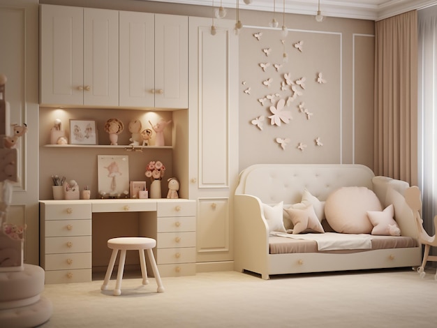 Chambre enfant beige avec une touche de mobilier stylé AI Generation