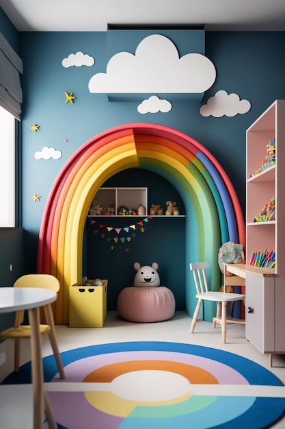 Une chambre d'enfant avec une fresque murale arc-en-ciel.