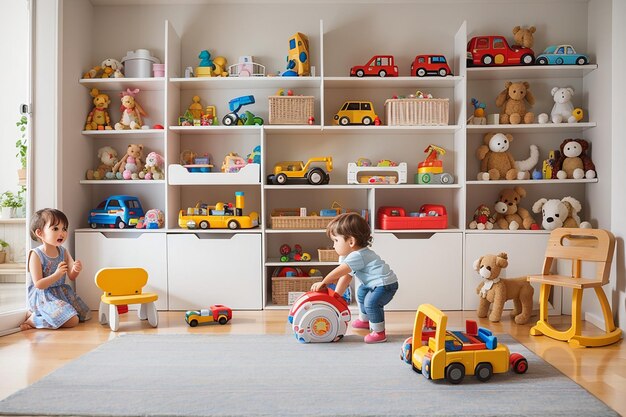 Chambre d'enfant avec jouets et étagères