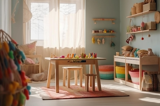 Une chambre d'enfant ludique avec une table en bois