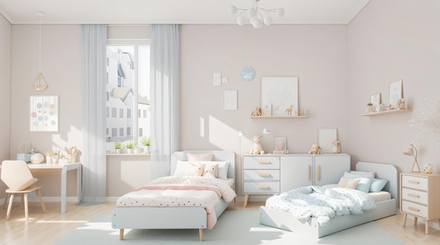Chambre d'enfant minimaliste avec mur beige