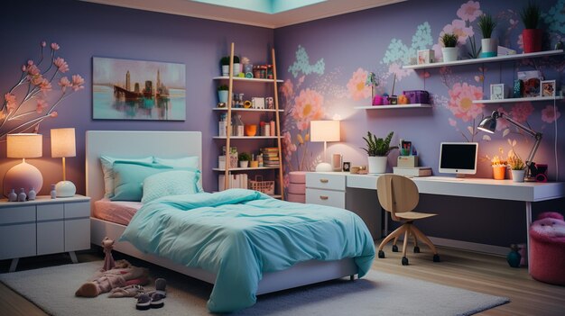 Photo chambre d'enfant moderne avec un lit un lit en bois avec un grand lit