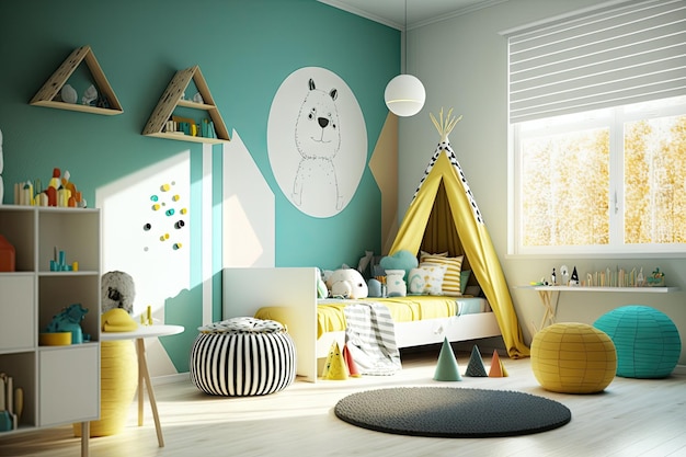 Chambre d'enfant moderne et lumineuse avec des jouets et des dessins d'enfants le long des murs créés avec une IA générative