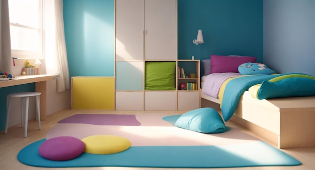 Chambre d'enfant spacieuse aux belles couleurs et au design soigné