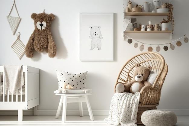 Photo chambre d'enfant de style scandinave avec affiche maquette étagère blanche drapeaux de jouets naturels suspendus au plafond chaise d'enfant panier d'accessoires et ours en peluche une idée minimaliste