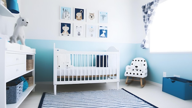 Une chambre d'enfant avec un tapis rayé bleu et blanc et un berceau blanc avec une chaise et une chaise.