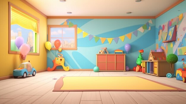 une chambre d'enfants aux couleurs vives avec une petite voiture et des ballons ai génératif