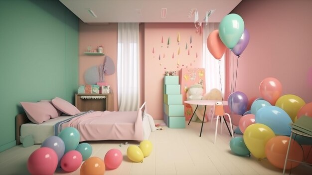 La chambre des enfants est décorée pour la célébration de l'anniversaire des rubans de ballons colorés générés par l'IA