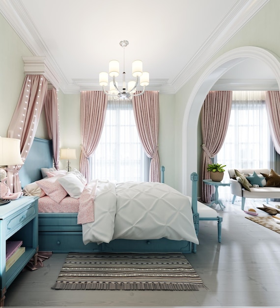 Chambre d'enfants avec un grand lit, une grande fenêtre, des chevets avec des livres, un baldaquin au dessus du lit, la couleur intérieure est pistache, bleu, rose, corail délavé. Rendu 3D.