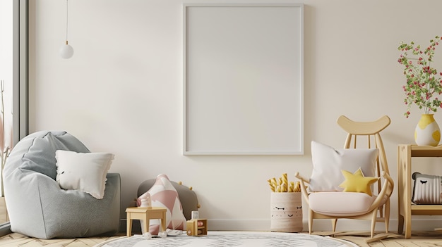 Photo la chambre d'enfants à l'intérieur à la mode avec un cadre blanc sur le mur