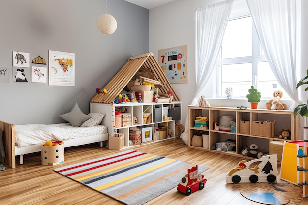 Une chambre d'enfants avec des jouets, des livres et des vêtements conservés à leur place, créés avec une IA générative