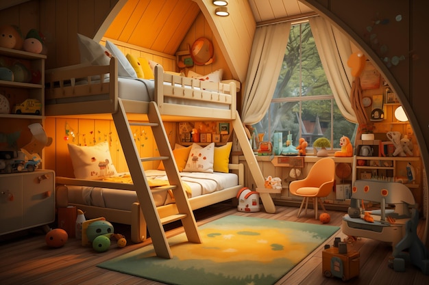 Chambre d'enfants avec des lits superposés et beaucoup de jouets