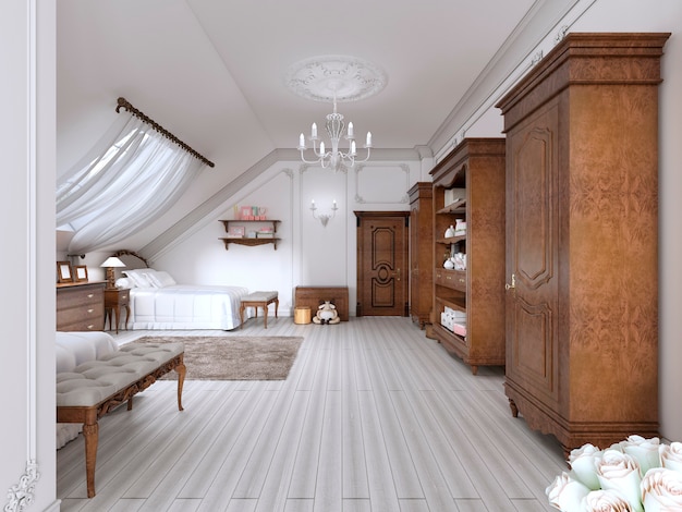 Chambre d'enfants lumineuse et classique avec des meubles marron. Chambre dans les combles avec fenêtre de toit. rendu 3D.