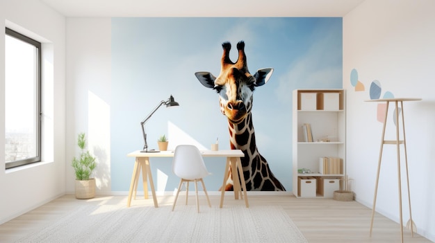 Photo chambre d'enfants minimaliste avec des murs blancs un sol en bois et un bureau intégré avec une chaise noire