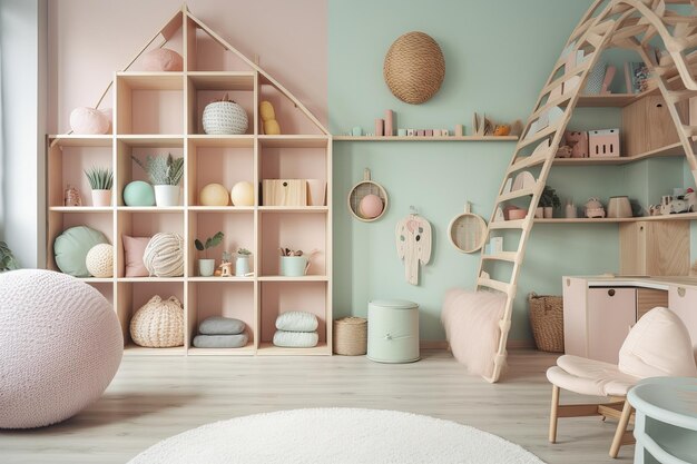 Chambre d'enfants style scandinave rendu 3D illustration numérique AI générative