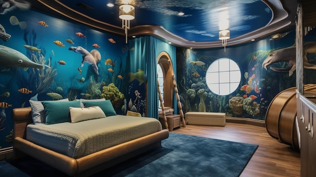Une chambre d'enfants sur le thème marin avec des peintures murales sous-marines suspendues à des décorations de méduses et une forme de bateau
